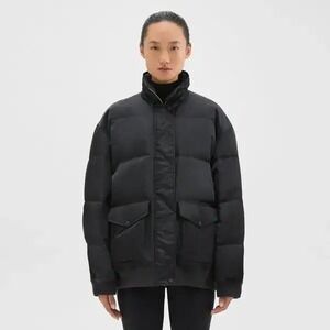 Theory NWT OS Puffer Bomber Aero Nylon Jacket Black Oversized Down Coat P/S $595